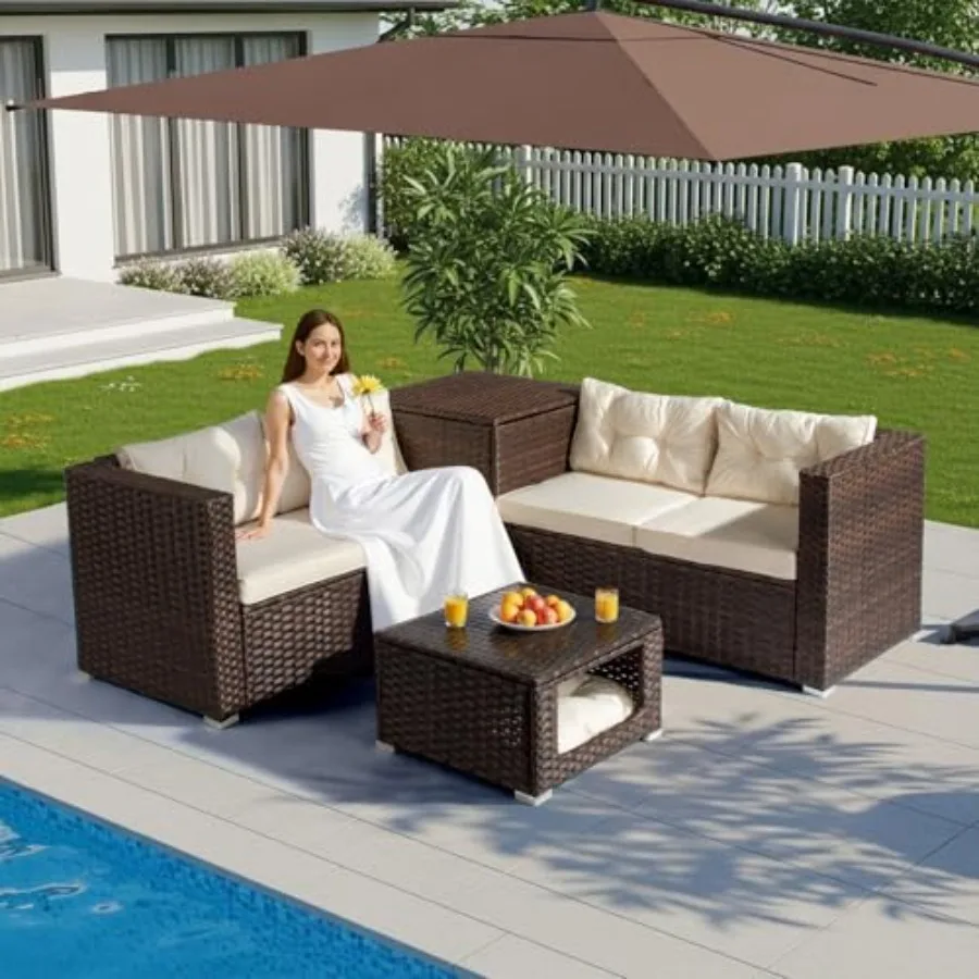 Outdoor sectional wicker patio furniture set with storage, beige rattan, gray cushions, weather-resistant for backyard, pool, g