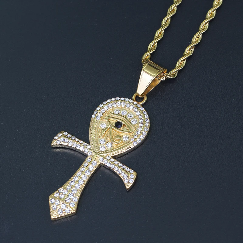 

Hip Hop Bling Iced Out Stainless Steel Eye of Horus Ankh Cross Pendants Necklace for Men Rapper Jewelry Gold Silver Color