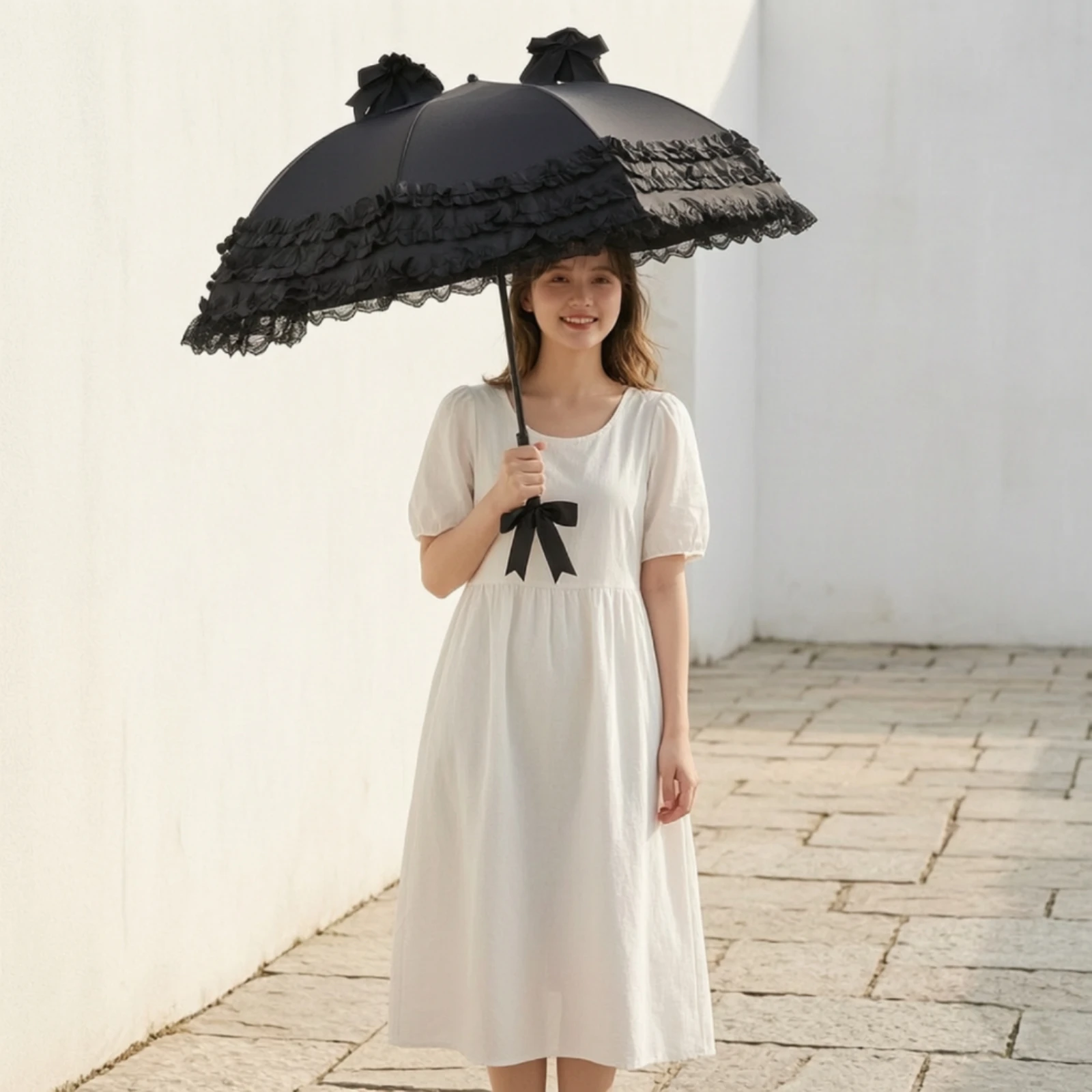 Lolita Umbrella Decorative Umbrella with Lace Ruffles Gothic Sunshade Classic Vintage-Style for Cosplayers, Cosplay view 4