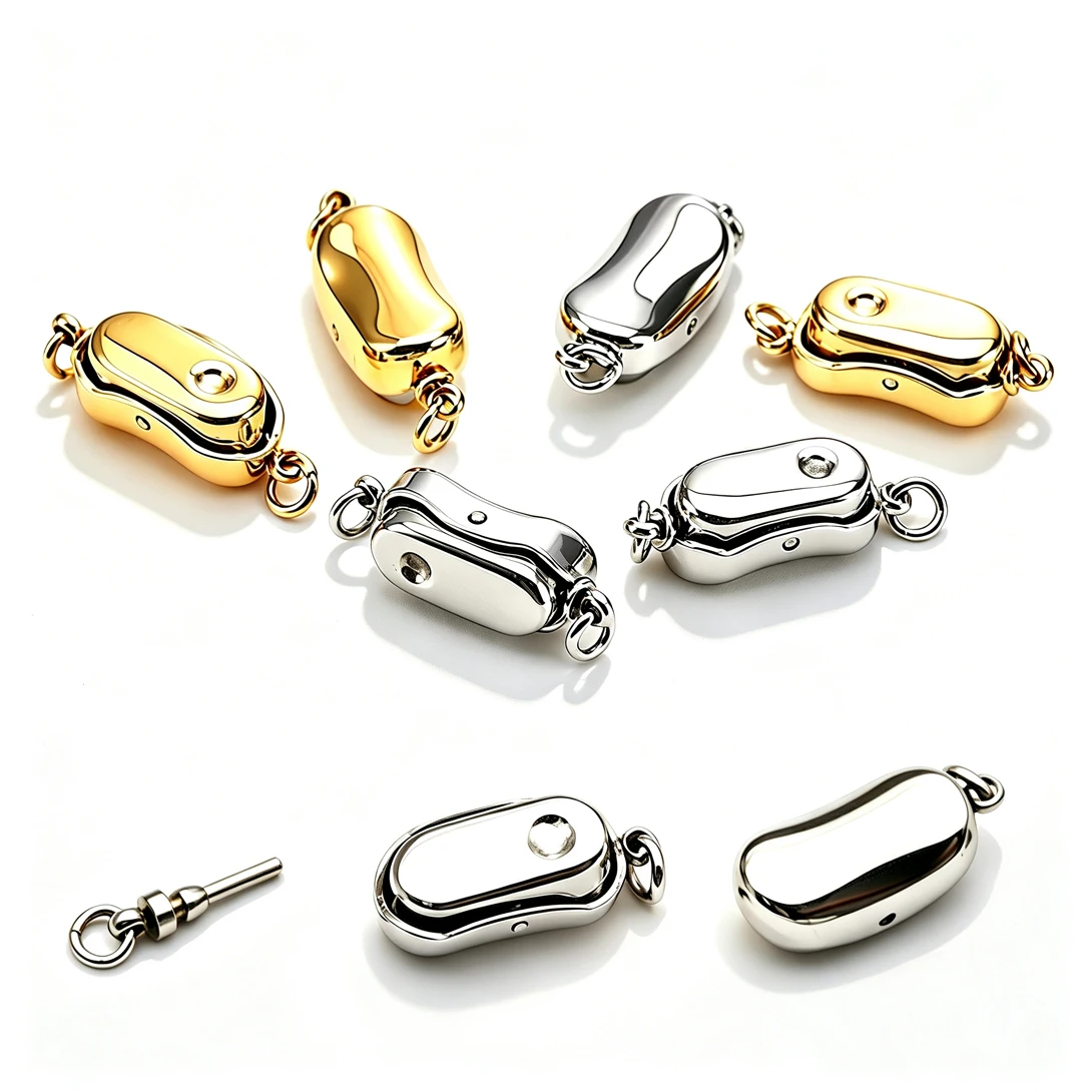 5/10Pcs Stainless Steel Bean Shape Insert Snap Clasp Push‑In Buckle With Jump Rings Pearl Necklace Bracelet DIY Jewelry Supplies
