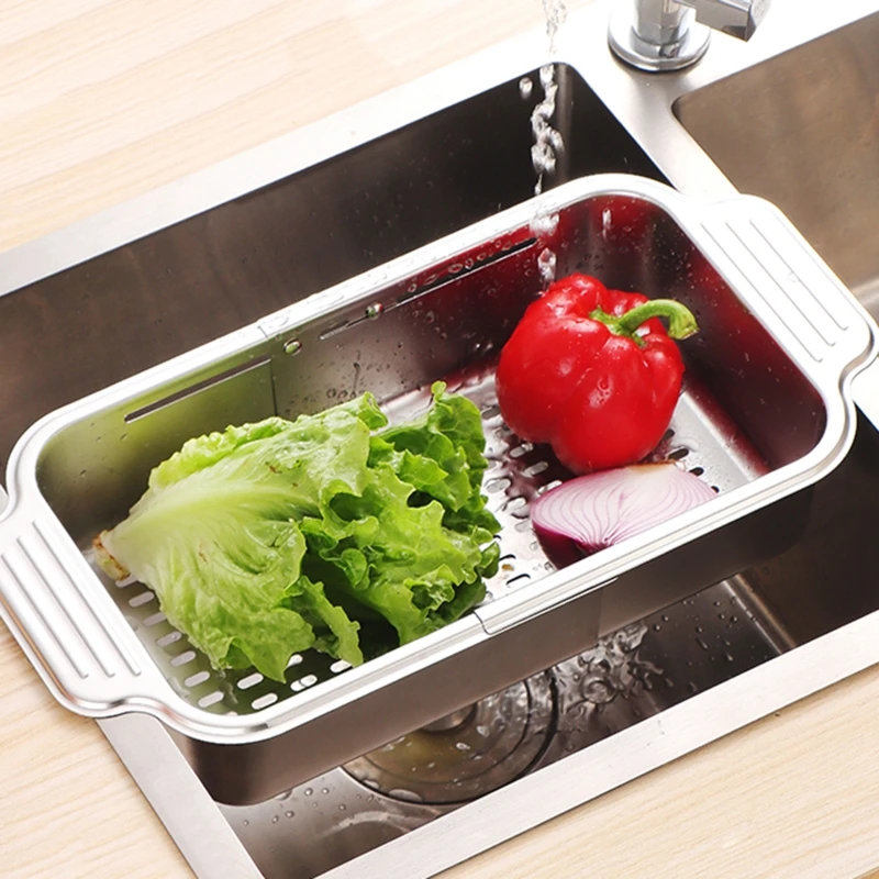 K1KA Expandable Dish Drying Rack Retractable Drain Basket Stainless Steel Sink Organizer for Vegetable, Fruit, Tableware