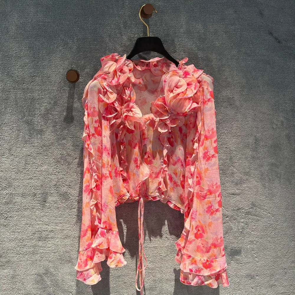 

2024 New Summer Ruffle Edge Pink Printed Shirt Women's Thin Designer Brand Long Sleeve Sunscreen Chiffon Shirt