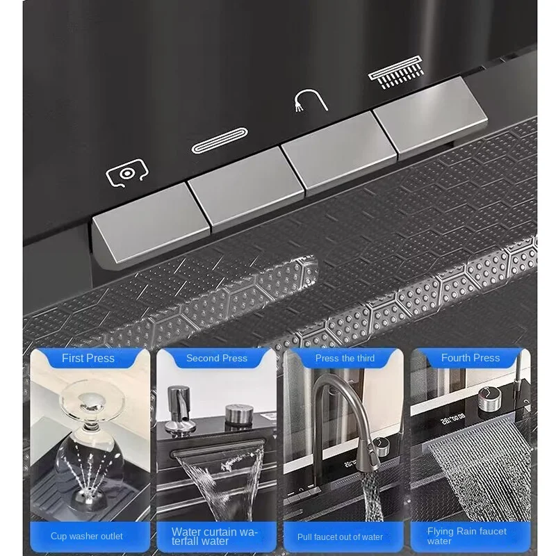 Zlew kuchenny ze stali nierdzewnej 304, podwójny wodospad, pojedyncze gniazdo, zintegrowany cyfrowy wyświetlacz, zestaw kranów, dozownik mydła,