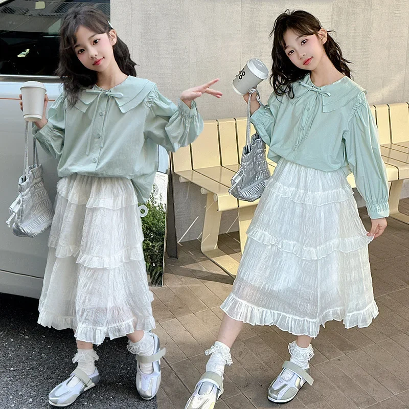 Girls' Set Spring and Autumn 2025 New Style Girls' Sweet Doll Collar Shirt Cake Skirt Trendy Cool Princess Two-piece