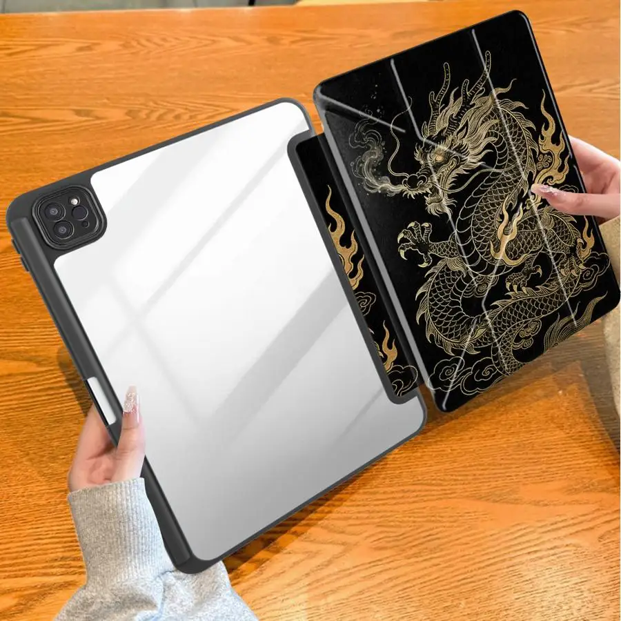 With Pen Slot Cover Tablet Case For iPad Air 8 M2 M3 3 Mini 7 6 5 Pro M4 13 2025 2026 11th 9th 12th 10th Gen Gold Line Dragon