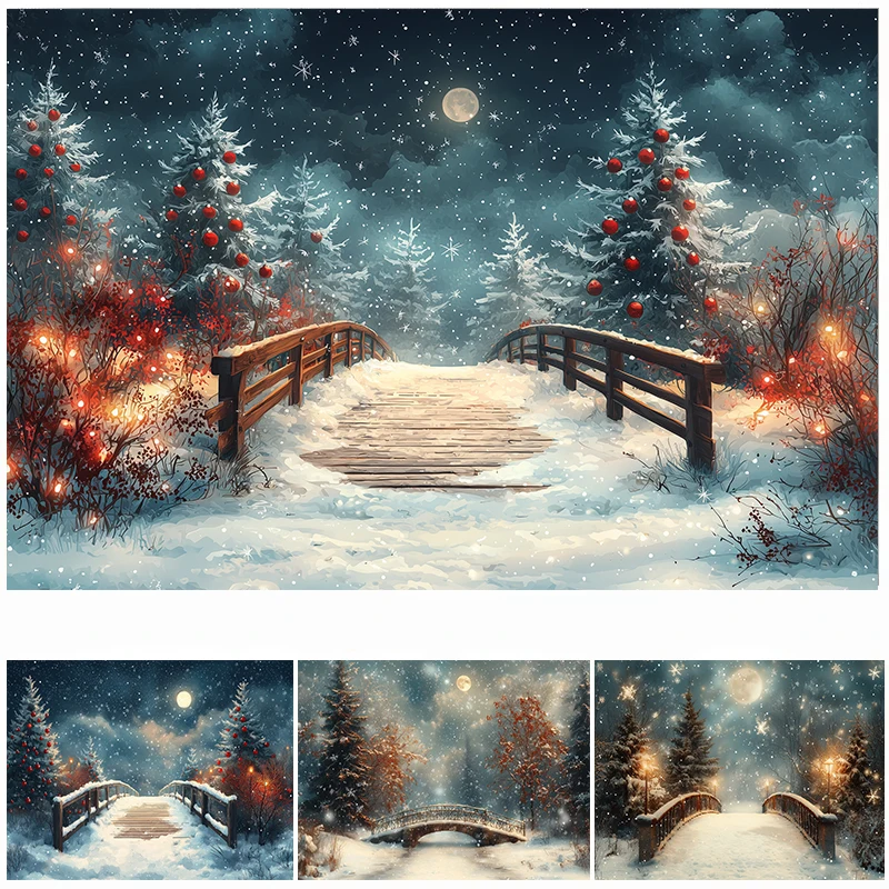 

LS Photography Background Winter Night Christmas Tree Snowy Bridge Decoration Snowy Adult Child Portrait Photo Backdrop Studio