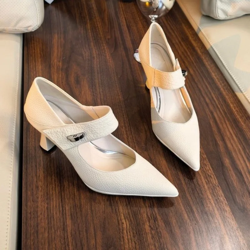 Women's Fashion Pointed Toe Shallow Mouth Metal Buckle One Slip Anti-Slip Wear-Resistant High Heels view 4