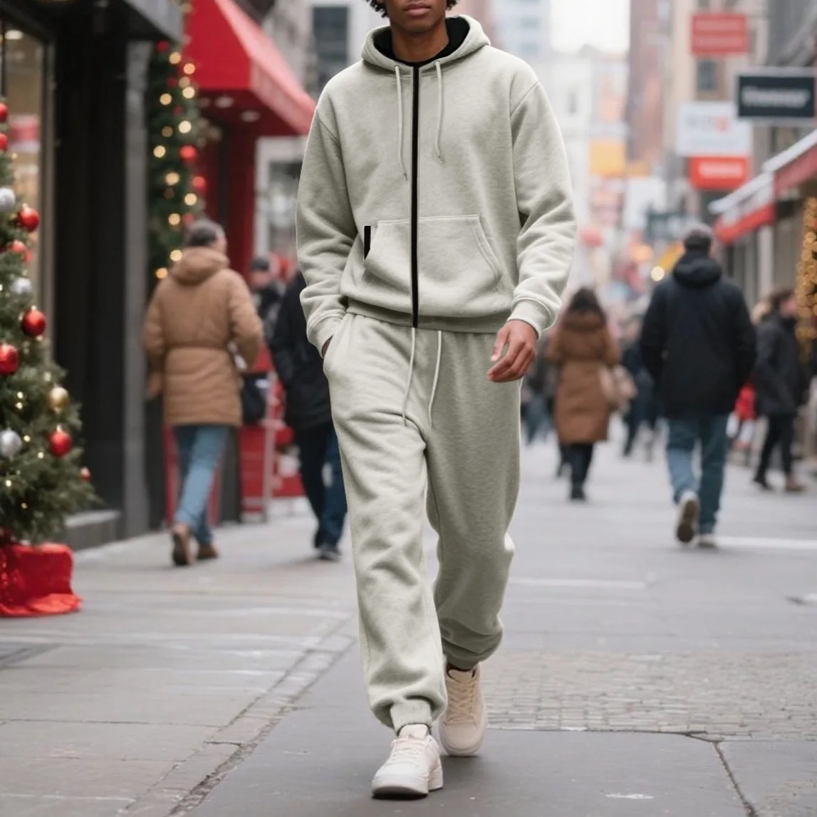 

Fleece-lined Hooded Men's Tracksuits, Zipper Drawstring Women's Sports Suit, Solid Color Sporty Two-piece Set