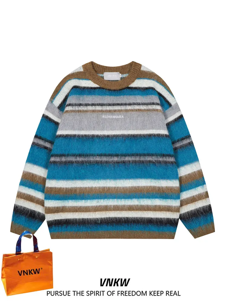 

Мужской свитер в японском ретро-стиле с полосками, мягкий и уютный, вязаный топ с цветовыми блоками, молодежный, свободный крой, зимний, с длинными рукавами