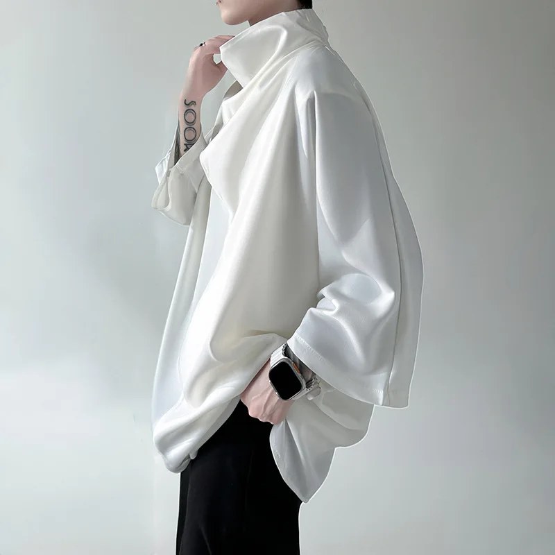 Unisex Long Sleeve T-shrit 2025 Elegant Solid White Top Asymmetrical Mock Neck Silky Draped Slouchy Short Seven Sleeve T Shirt