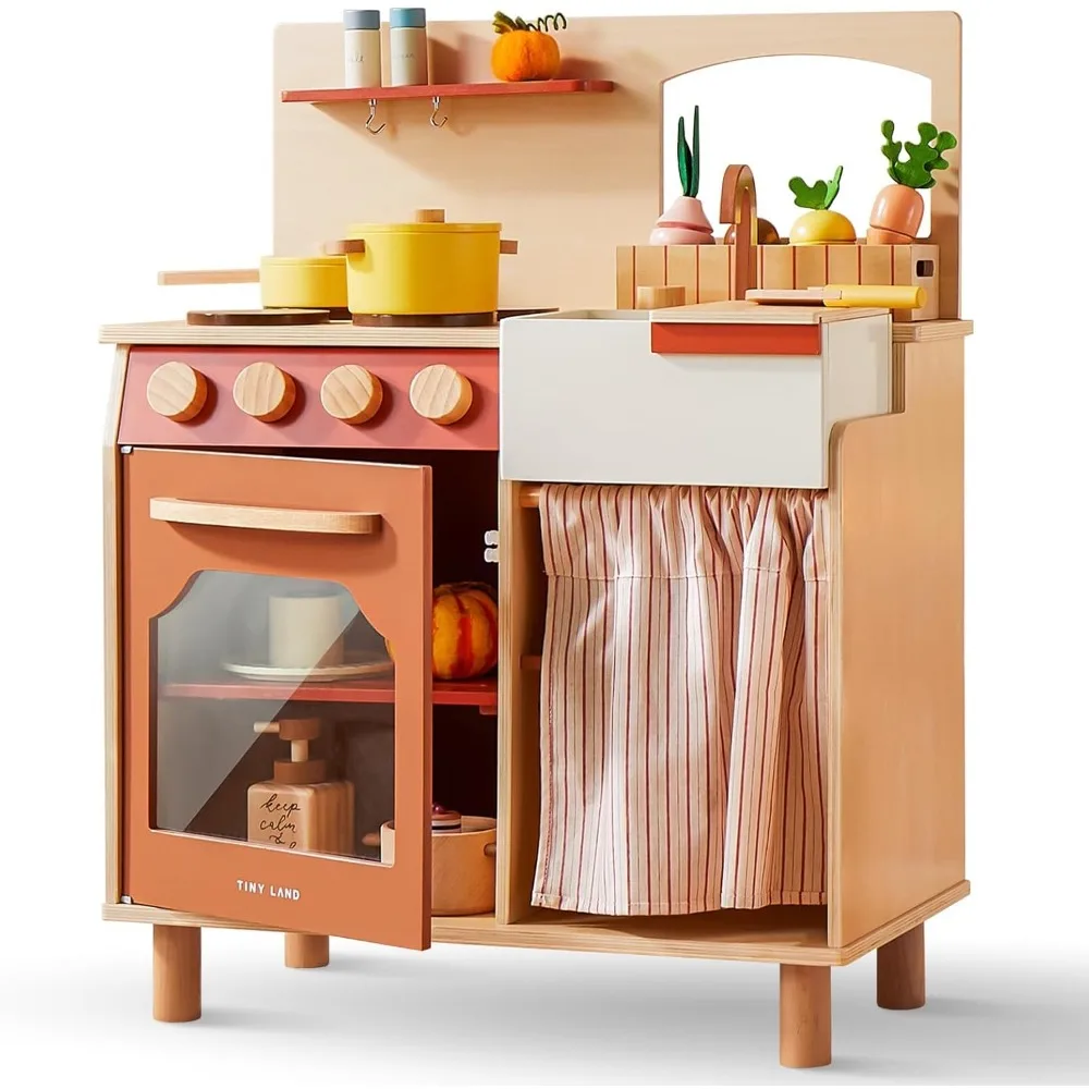 Set da cucina Land Play, cucina per bambini con Set di cibo da taglio, Set da cucina in legno per bambini, Set da gioco giocattolo in stile fattoria