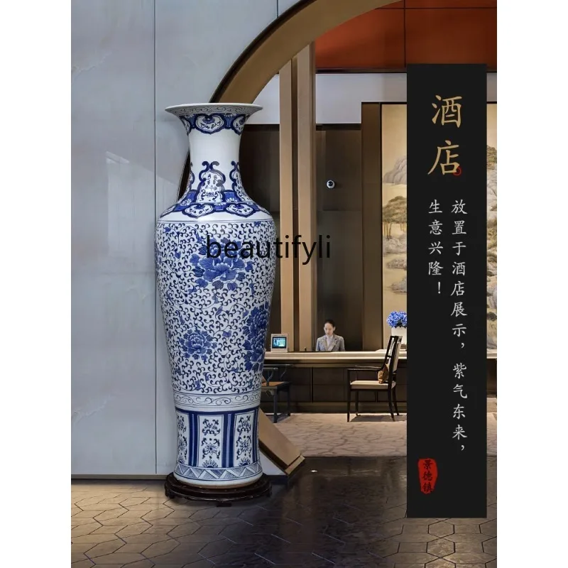 Jingdezhen Ceramic Floor Vase Chinese Hand-Painted Blue and White Porcelain Decoration Company Opening Large Porcelain Bottle