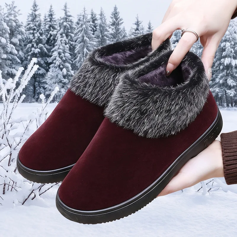 Women Winter Short Snow Boots Fuzzy Collar Velvet Upper Thick Plush Lined Slip‑On Warm Non‑Slip PVC Sole Ankle Boots