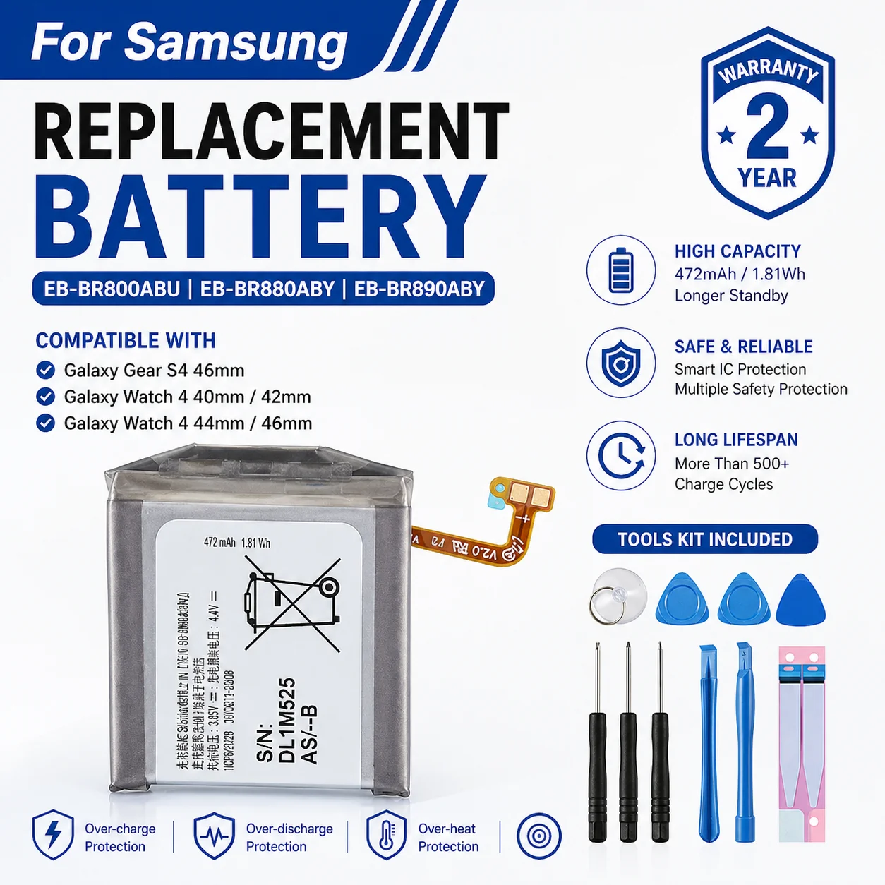 

Brand New High Capacity Smart Watch Replacement Battery For Samsung Gear S4 Galaxy Watch 4 40mm 42mm 44mm 46mm