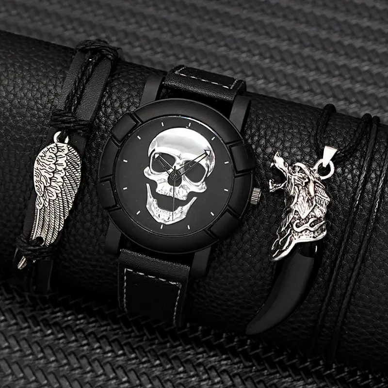 3PCS Set Fashion Mens Skull Watches Classic Men Business Leather Quartz Watch Male Cool Black Necklace Bracelet Wristwatch