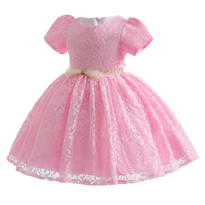 New Girl\'s First Birthday Princess Dress Gold Belt Bow Solid Lace Bubble Sleeves Wedding Flower Girl Evening Dress