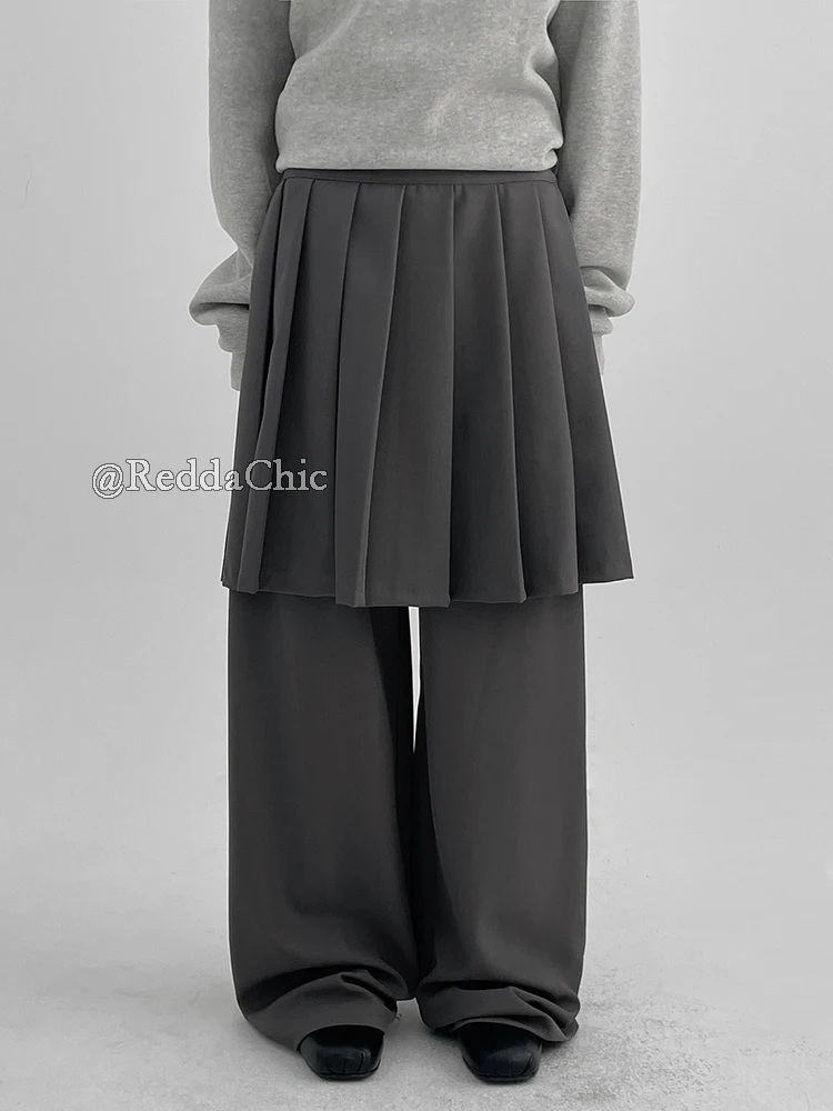 REDDACHiC Minimalist Layered Suit Trousers Trendy Pleated Wrap Skirt Solid Gray Low Rise Dress Pants Korean Casual Woman Clothes