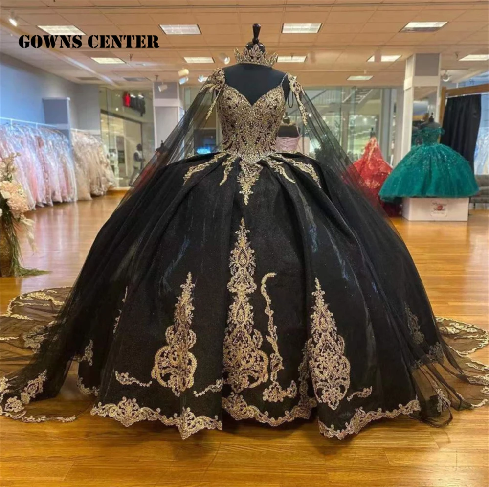 

Vintage Black Quinceanera Dresses With Cape Light Gold Applique Birthday Dress Ball Gown Corset Spaghetti quinceanera de 15 anos