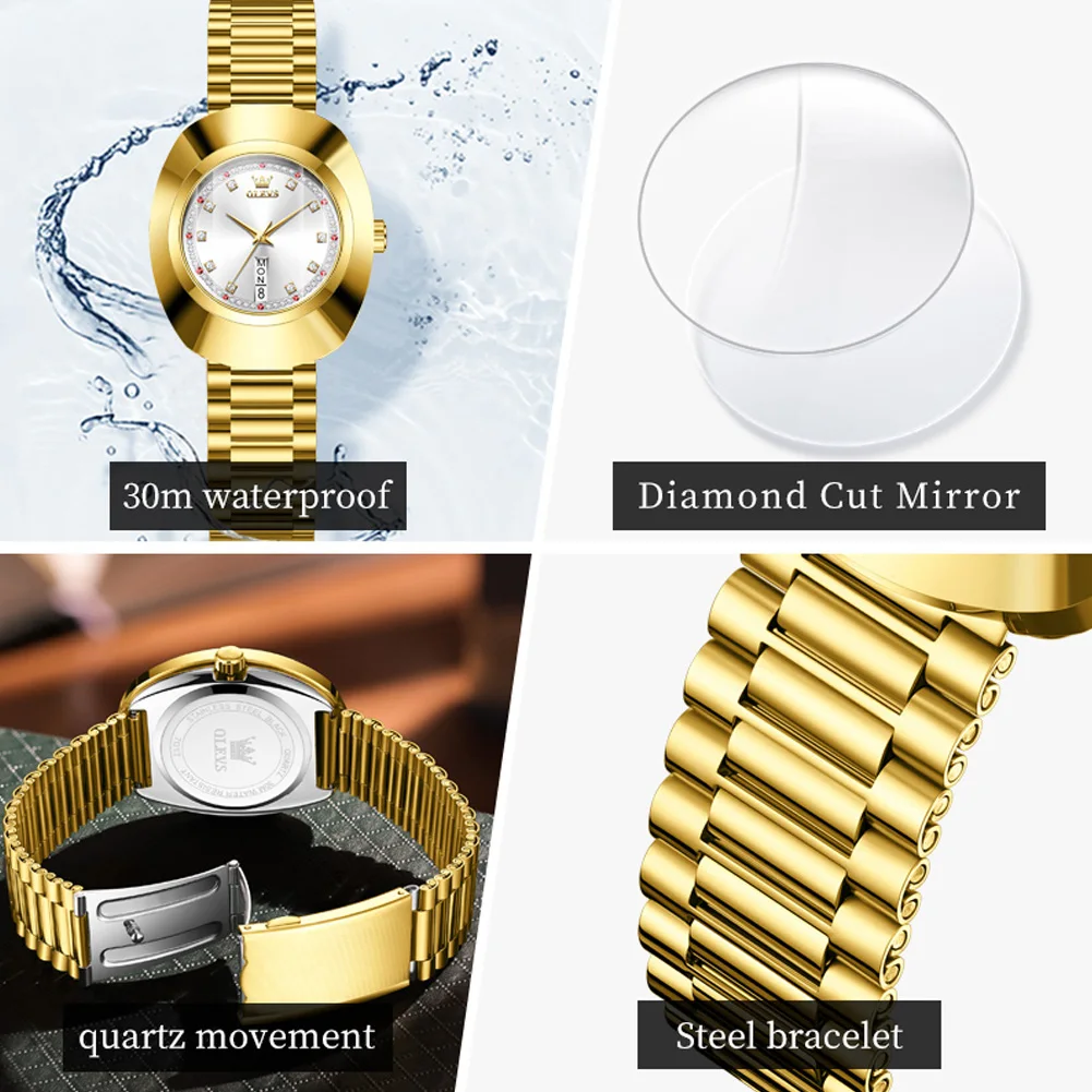 OLEVS 7017 Golden Tungsten Steel Case Luxury Quartz Watch for Women Fashion Diamond Scale Auto Date Waterproof Ladies Wristwatch