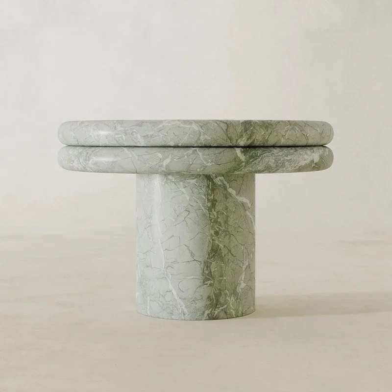 #Dream Home Artistic Green Marble Side Table Unique Double Stack Round Top Sculptural Cylinder Base Luxury Accent Side Table
