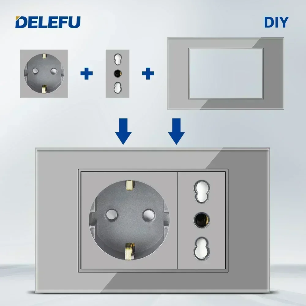 DELEFU Italian, EU, Multi-functional Free Combination USB Type C Wall Socket DIY Grey