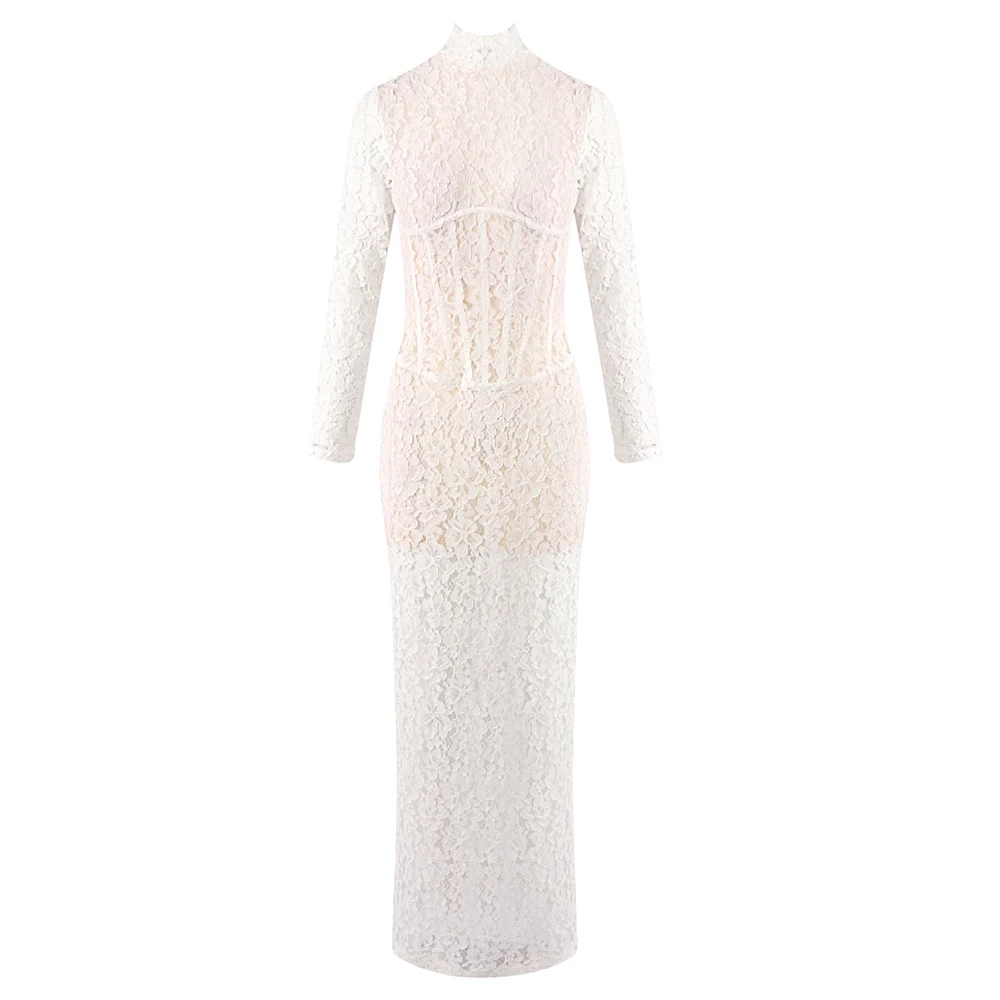 VC elegante witte kanten damesjurk met lange mouwen, doorzichtige maxi-jurk met korsetdetail, formele avondevenementenjurk, hoge hals vestid - afbeelding 2