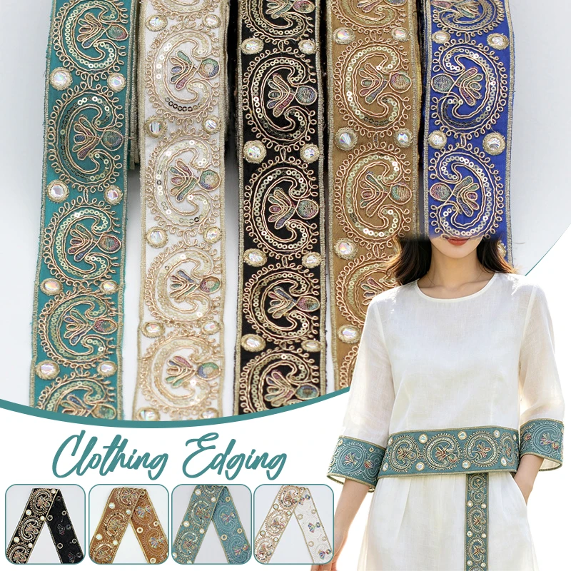 5yards Ethnic Style Sequined Embroidery Lace Trim Ribbon for Hanfu Dress Garment Decor Hand Sewing DIY Craft Accessory