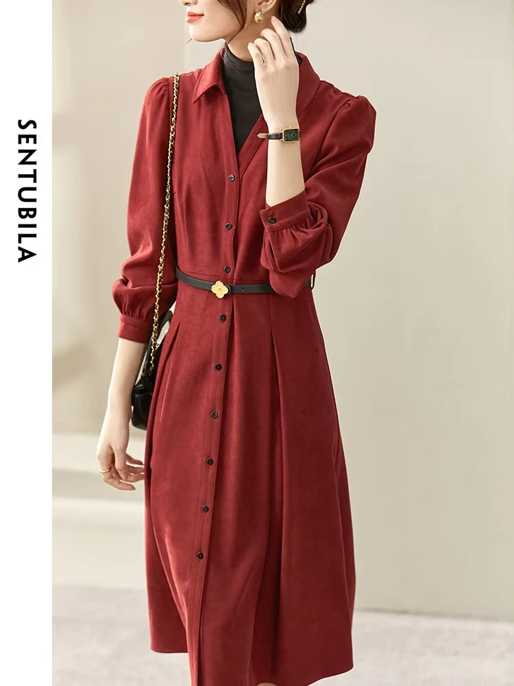 SENTUBILA Contrast Half High Collar Red Shirt Dress for Women 2024 Autumn Winter Elegant Long Sleeve Dresses With Leather Belt