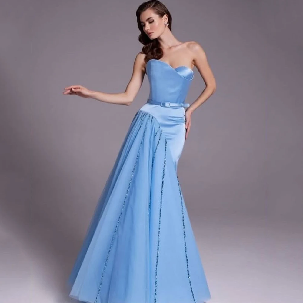 

Flechazo Strapless Sheath Evening Dress Customized Beading Satin and Tulle Floor Length Sleeveless with Belt Occasion Gowns