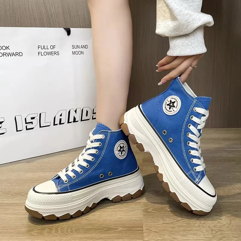 2024 Spring New High Top Canvas Shoes Women\'s Thick Sole Little White Shoes Student Fashion Casual Breathable Versatile Shoes