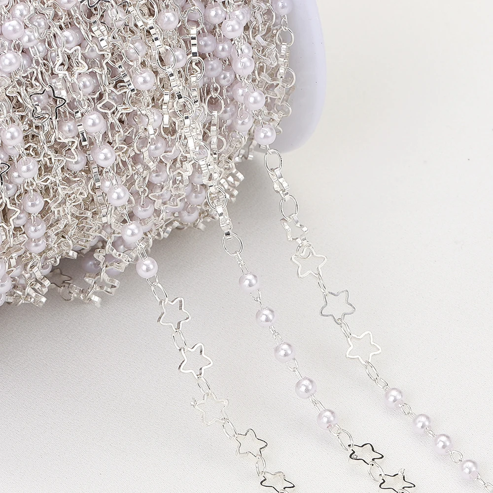 1Meter Silver Color Necklace Chain Star Imitation Pearl Bead Chain Cable Copper Chain Findings Jewelry Making Component DIY Bulk