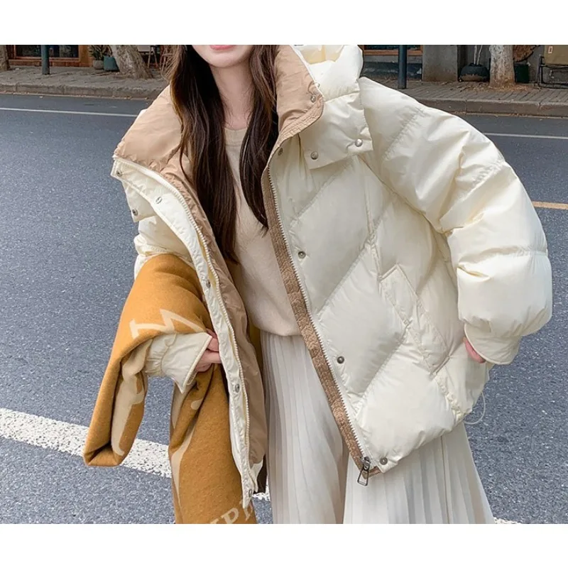 

2025 зимнее хлопковое пальто нового стиля — женское пальто с короткими рукавами и капюшоном в стиле пэчворк контрастных цветов, плотное и теплое пальто