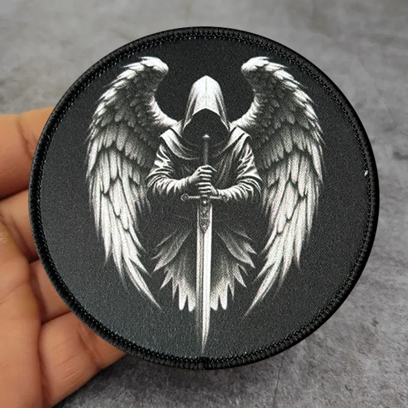 Black Round Angel Sword Patch Durable Printed Hook and Loop Badge for Jacket Backpack Clothing Appliques