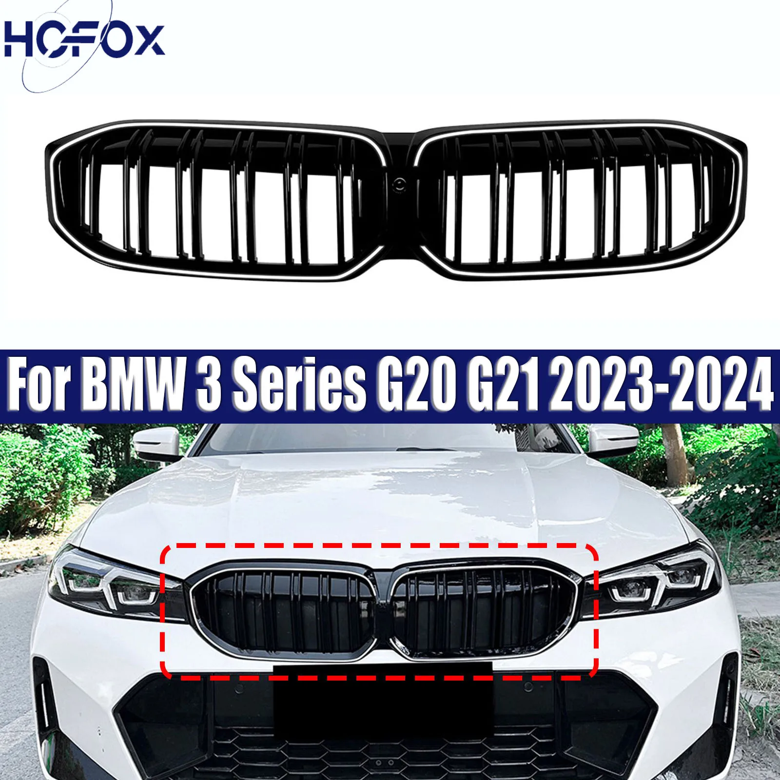 

Front Kidney Grille Glossy Black Grill For BMW 3 Series G20 G21 2023-2024 Double Line With Light