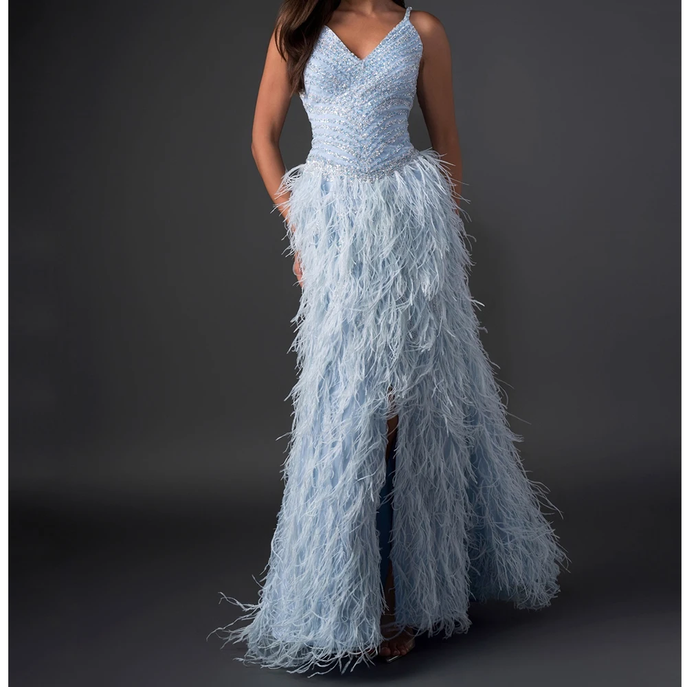 

Exquisite Pleats Feathers Crystal Spaghetti Straps Front Slit Evening Dresses Elegant A-Line V-Neck Blue Party Gowns فساتين سهرة