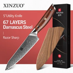 XINZUO 5'' inch Utility Knife 67 Layers Damascus Steel Kitchen Utensil Knife Sharp Blade For Fruit Peeling with Rosewood Handle