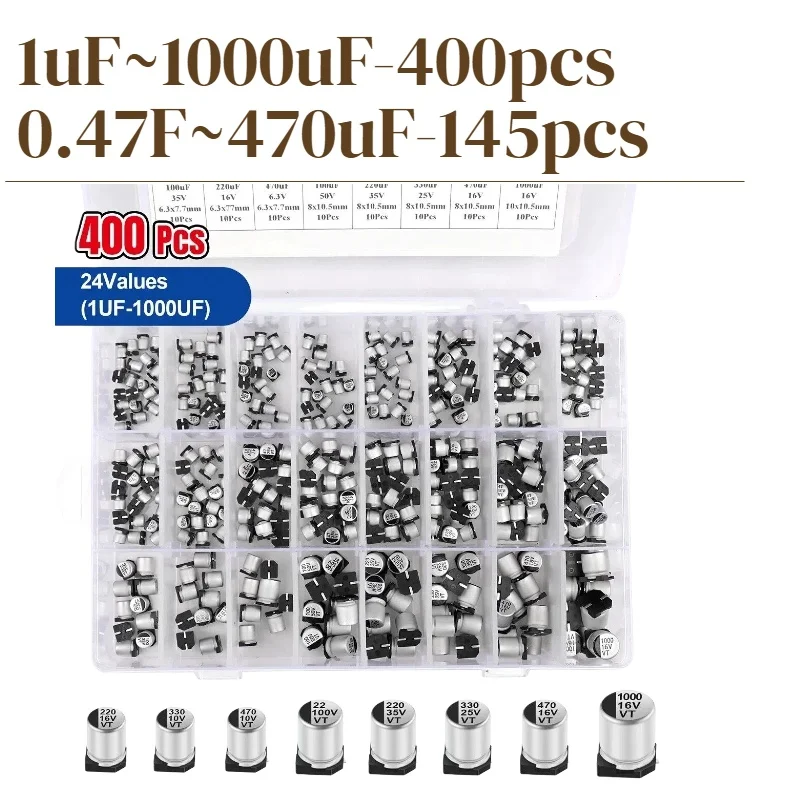 400PCS 1uF~1000uF capacitor kit Aluminum Electrolytic SMD condensadores electrolytes 6.3V-50V 24Value with box kit de reparac
