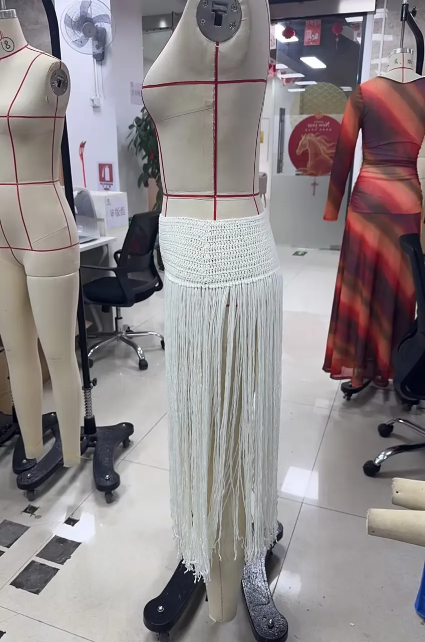 Womens Crochet Skirt High Waisted Hollow Out Knit Long Skirts for Summer Beach Cover Up Solid Color Tassel Floor Length Skirt