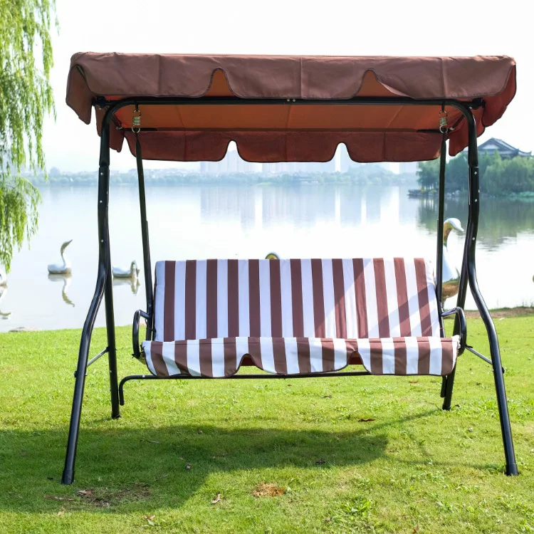 Universal Modern Color Stripe Swing Chair Iron Stand Waterproof Cushion 3-Seater For Garden Patio Park Hotel Home