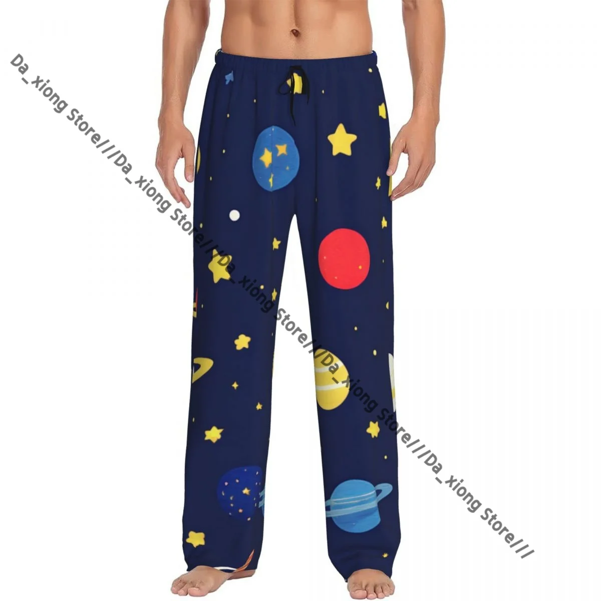 

Mens Casual Pajama Long Pant Loose Elastic Waistband Colorful Planets And Stars Cute Pattern Cozy Sleepwear Home Lounge Pants