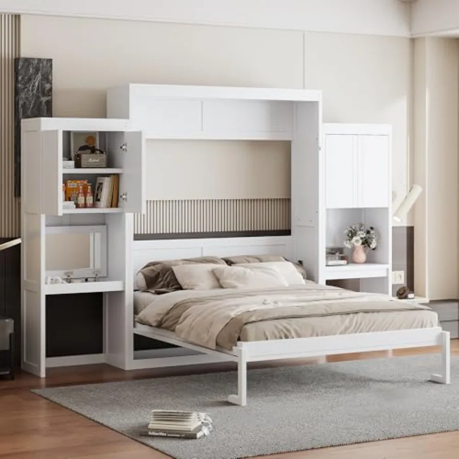 

Murphy Bed Queen Bed Frame with Headboard, Hideaway Bedframe w/Vanity and Cabinets, Wood Wall Cabinet, Slat Support, can be Fol