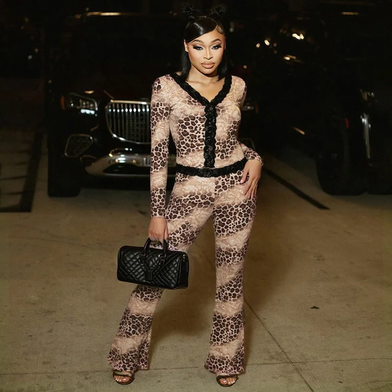 

Women's clothing 2025 lace lace splicing leopard print V-neck long sleeves micro-flare trousers two-piece suit club clothing Ves