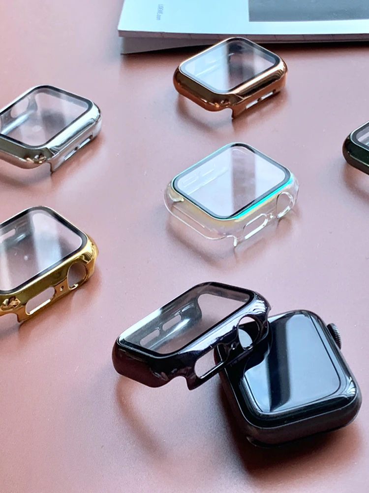 Überzogenes Gehäuse für Apple Watch Case 44 mm 40-42-38-41 mm 45 mm Glas + Stoßstange Displayschutzfolie iWatch Serie 9-8 7 6 5 4 SE 3 Zubehör