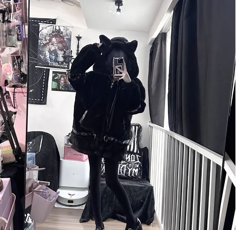 اليابانية ثقافة فرعية القوطية فو الفراء سترة شتاء جديد الفتيات الحلو كول الدافئة سميكة معطف الفرو النساء الألغام أفخم مقنعين سترة #6