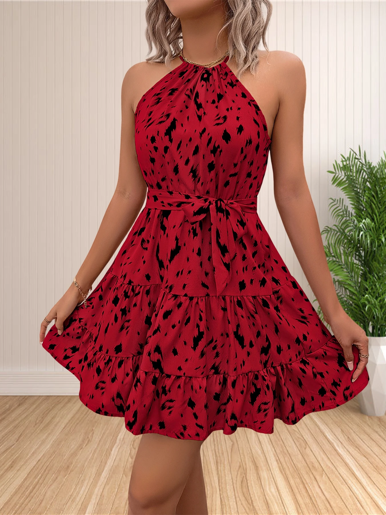 여성 2024 홀터넥 드레스, 민소매 캐주얼 꽃무늬 도트 프린트, 짧은 보호 러플 선드레스, 여름