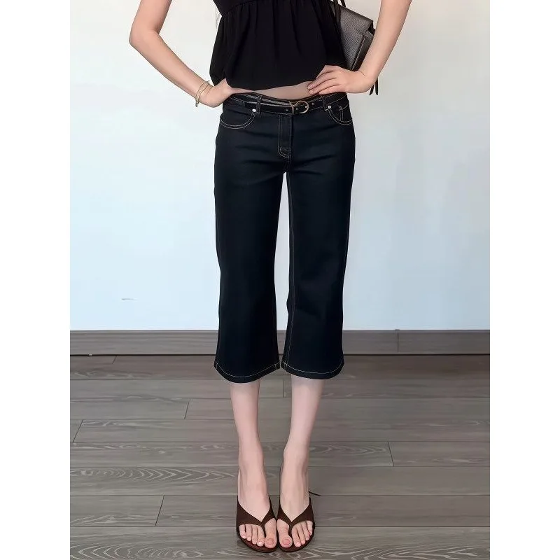 American Retro Low Waist Black Micro-pull Denim Ancient Cropped Pants Women's Summer Tight Straight Horn Medium Pants Shorts