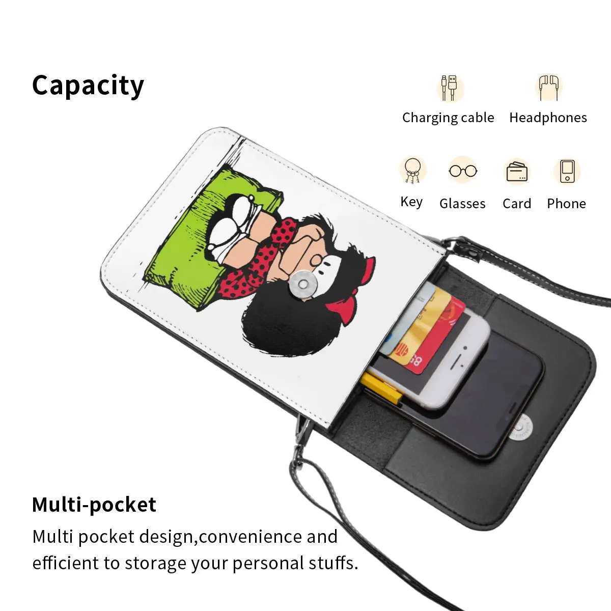 Cute Mafalda Leather Cell Phone Purse Merchandise Fashion Female Crossbody Bag Card Case Lightweight