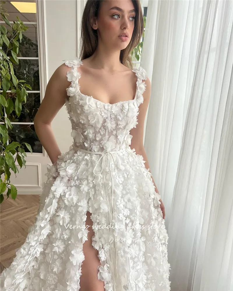 Verngo 3d Blumen Brautkleider Prinzessin Träger Split Brautkleider Elfenbein Luxus Hochzeit Gown robe de Mariage