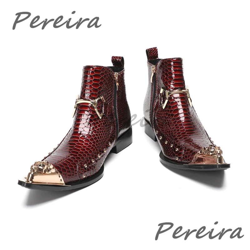 

Men's Metal Buckle Iron Toe Ankle Boots Trendy Retro Snake Pattern Low Heel Chelsea Boots Rivet Design Party Banquet Dress Shoes