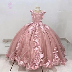 Pink Tulle Flower Girl Dress For Wedding Puffy 3d Applique Floor Length Kids Birthday Pageant First Communion Baby Ball Gown
